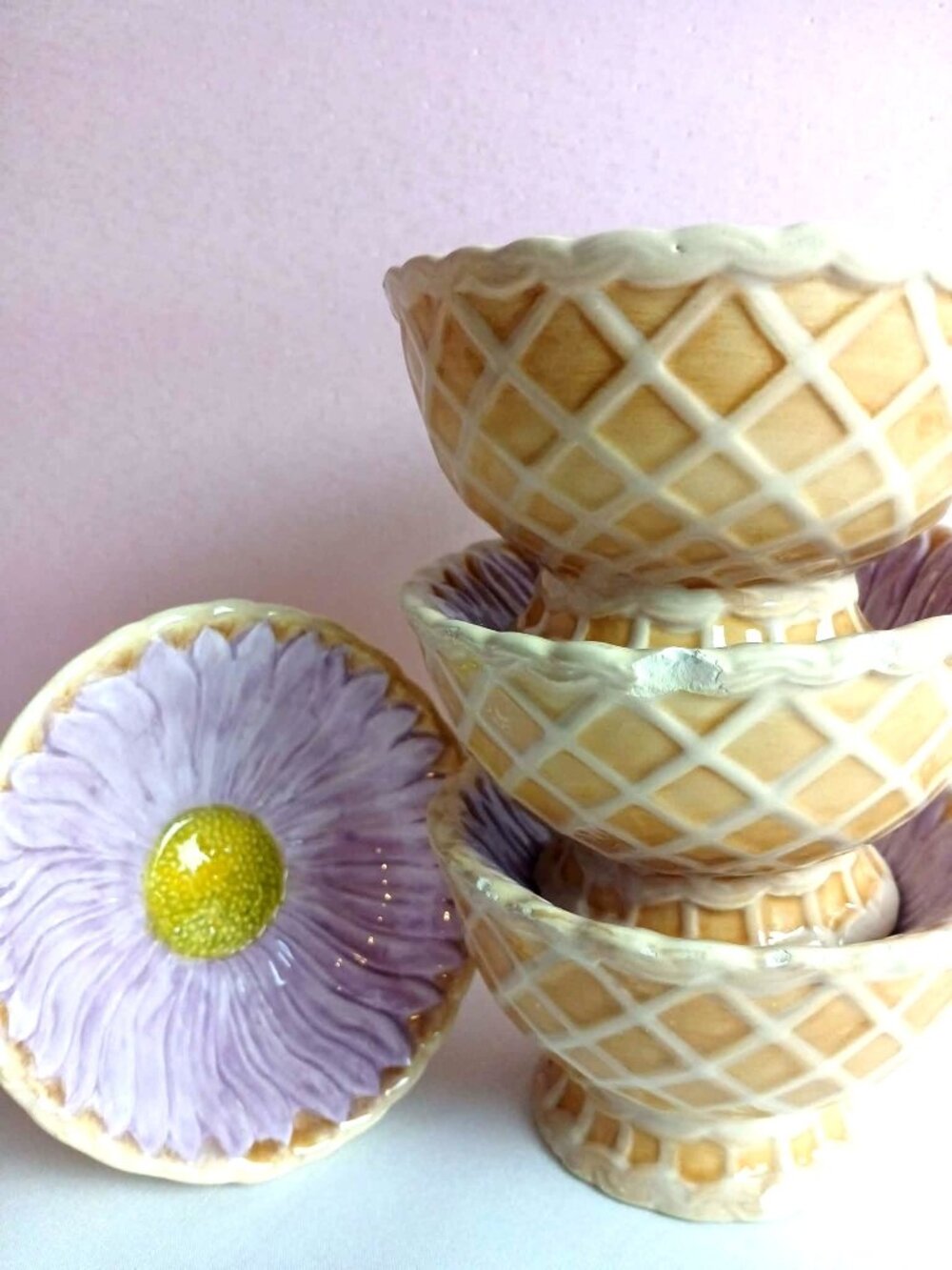 Tracy Porter Alouette Purple Flower Waffle Cone Dish Set of Four | Vtg Collectib